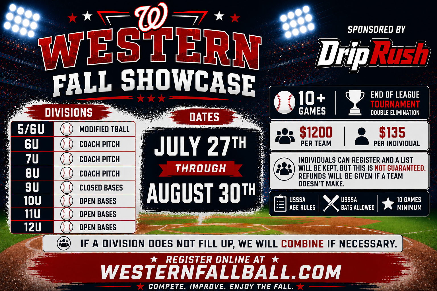 Western Fall Showcase 2026 — Divisions 5/6U through 12U, July 27 through August 30, $1,200 per team
